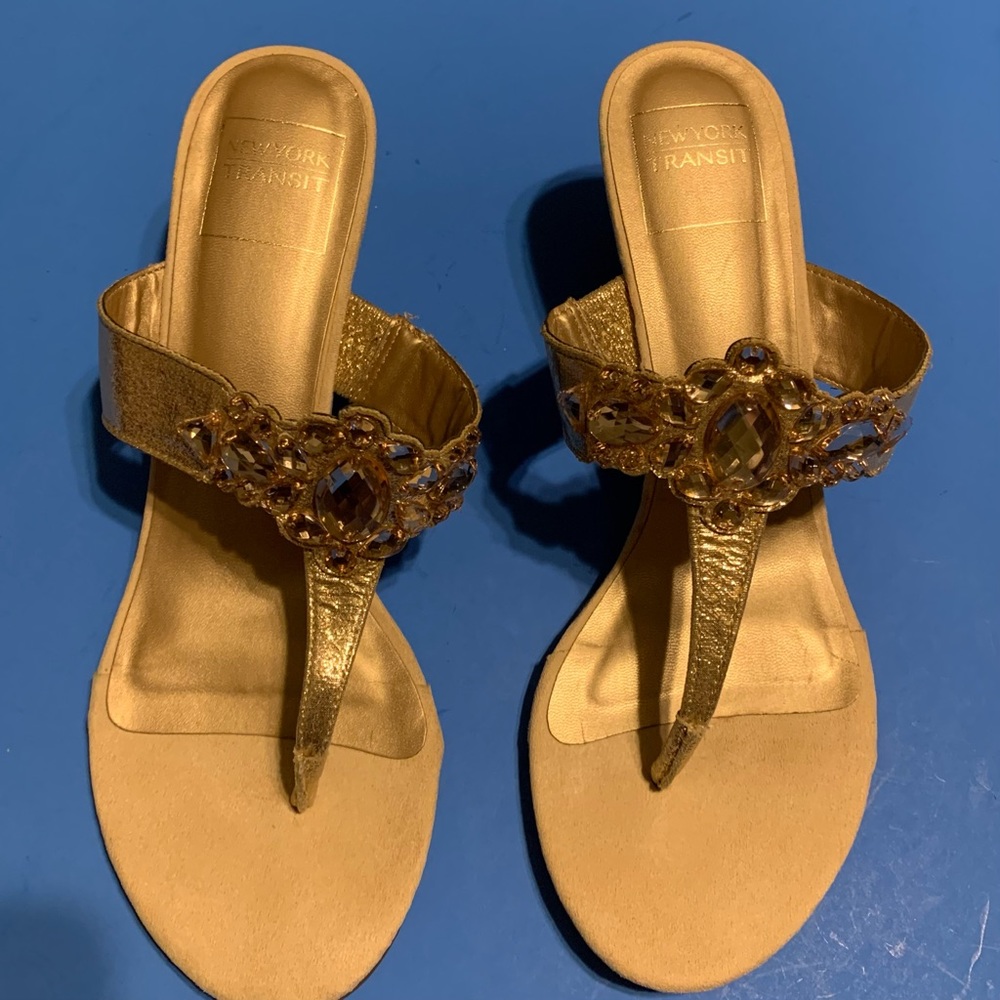 New York Transit Sandals heels gold tone
